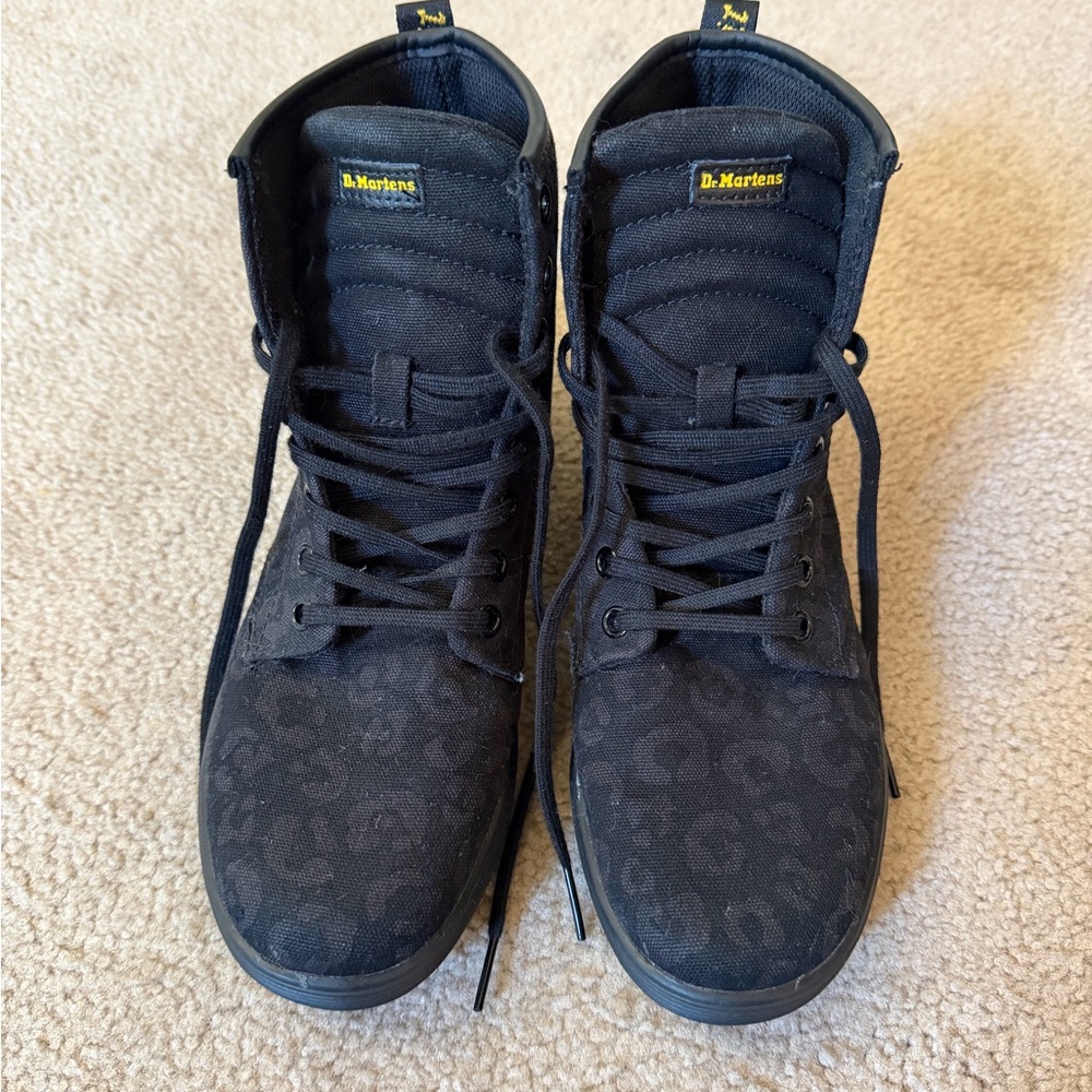 Dr. Martens Women’s Black Canvas High-Top Boots with Subtle Leopard Print